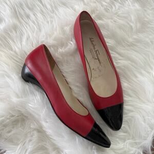 Salvatore Ferragamo | Women’s Cap Toe Kitten Pump Wedge Two Toned Red & Black 8